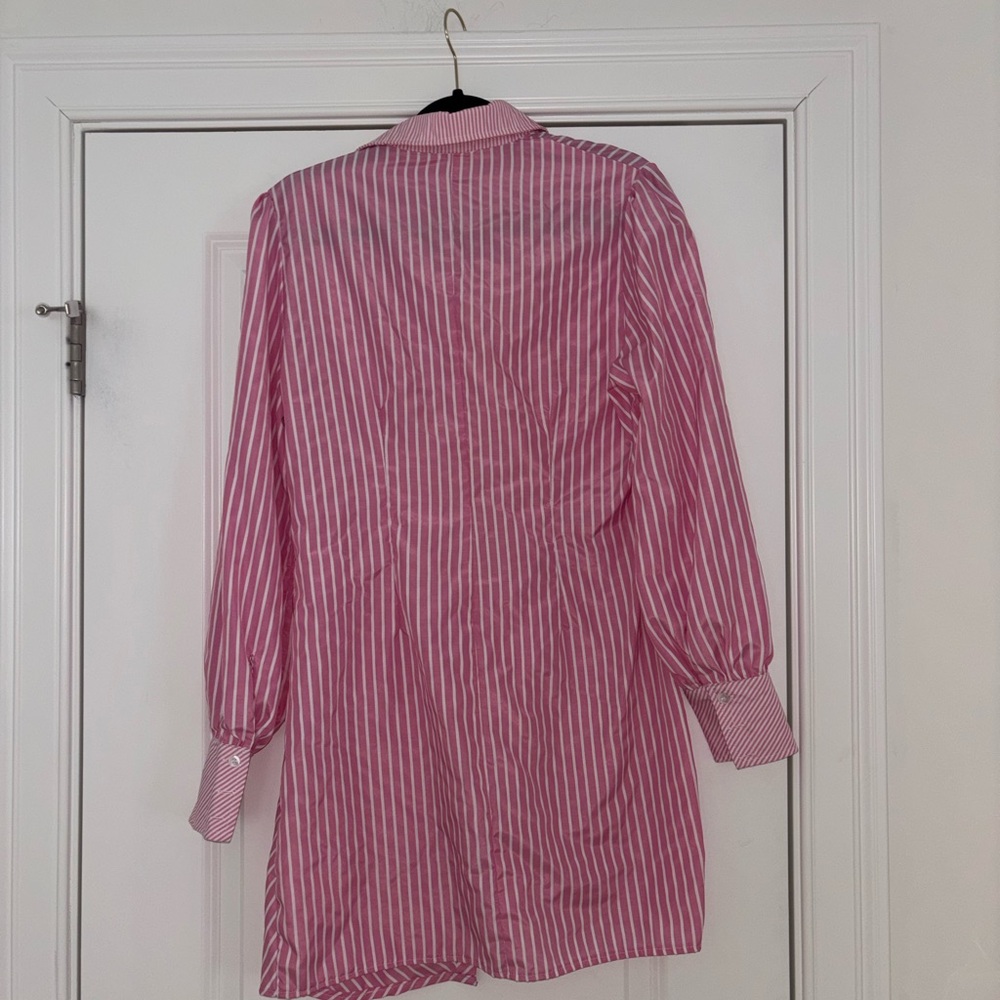 Pink & White Striped Button-Up Shirt Dress - Picture 6 of 9